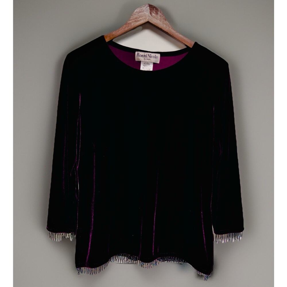 VTG Y2K 90s Dark Purple Velvet Top Medium‎ Beads Trim Fairy Grunge Whimsigoth